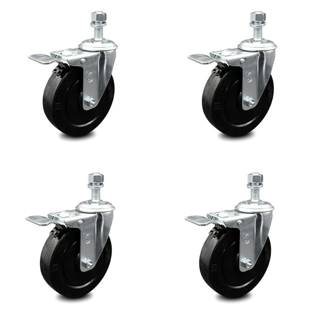 Includes 2 with Top Locking Brake Soft Rubber Swivel Threaded Stem Caster Set of 4 w/5 x 1.25 Black Wheels and 10MM Metric Stems 1100 lbs Total Capacity Service Caster Brand Includes 2 with Top Locking Brake Soft Rubber Swivel Threaded Stem Caster Set of 4 w/5 x 1.25 Black Wheels and 10MM Metric Stems 1100 lbs Total Capacity Service Caster Brand